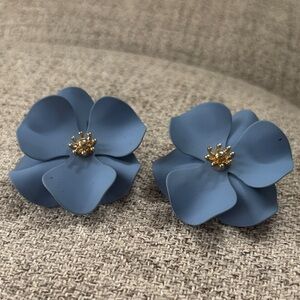 Blue Floral Statement Stud Earrings - Gold Center